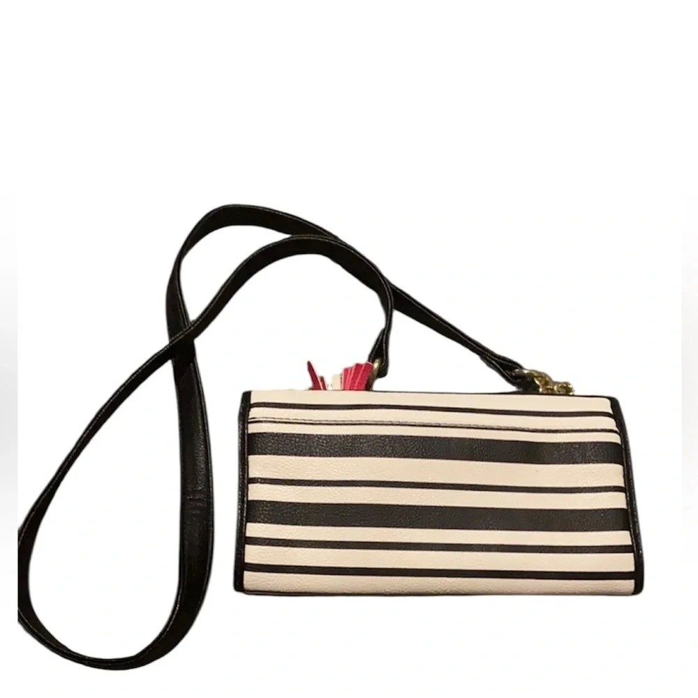 Betsey Johnson Black and White Striped Crossbody Bag with Pink Tassel